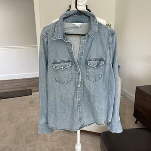 H&M Women Denim Western Shirt Size Large Pearl Snap Thick Shacket Cowgirl Rodeo